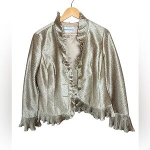 Vintage Victor Costa Metallic Gold Ruffle Trim Jacket Blazer Evening Formal Sz 6